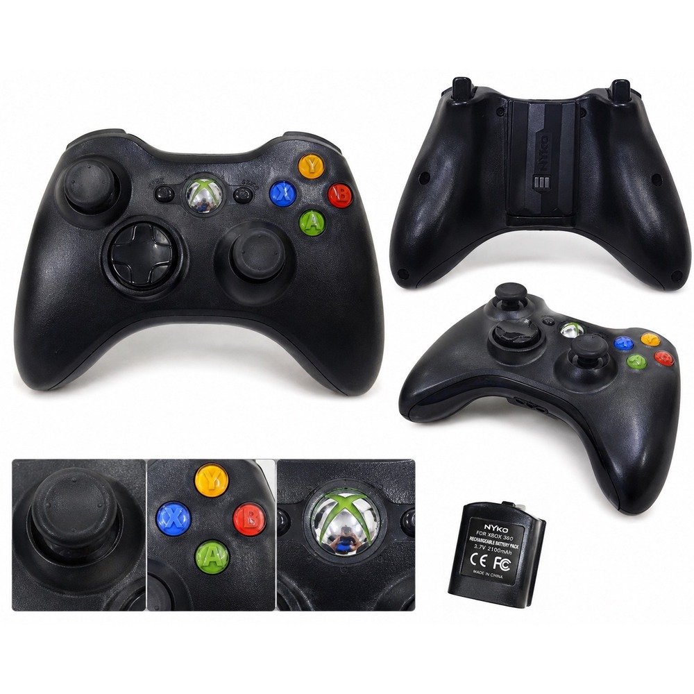 Microsoft Xbox 360 Wireless Controller Black with Nyko Rechargeable Battery Pack